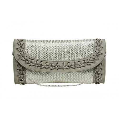 Evening Bag - Straw Like w/ Whipped Chain Trim - Silver - BG-92126S